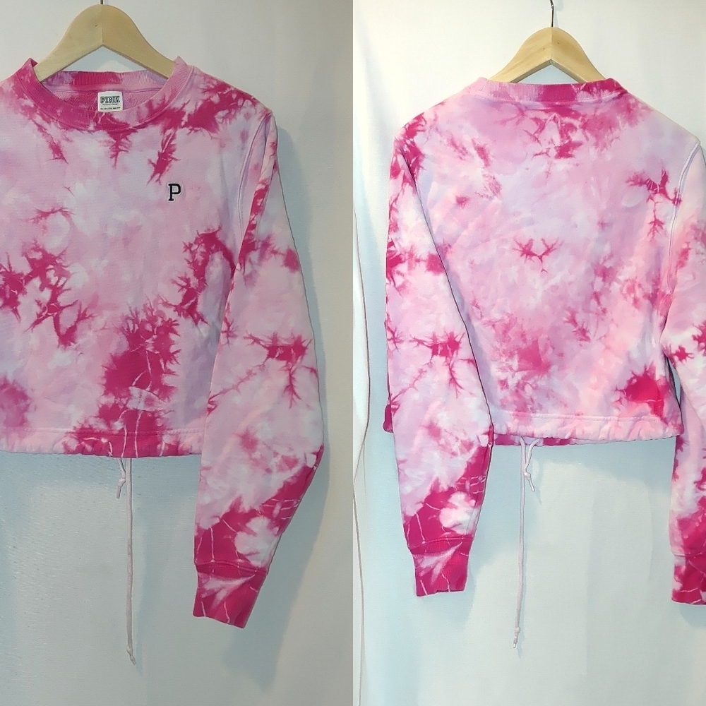 PINK Victoria's Secret Pullover Sweatshirt Tie Dye Cropped Crew Neck XS Pink